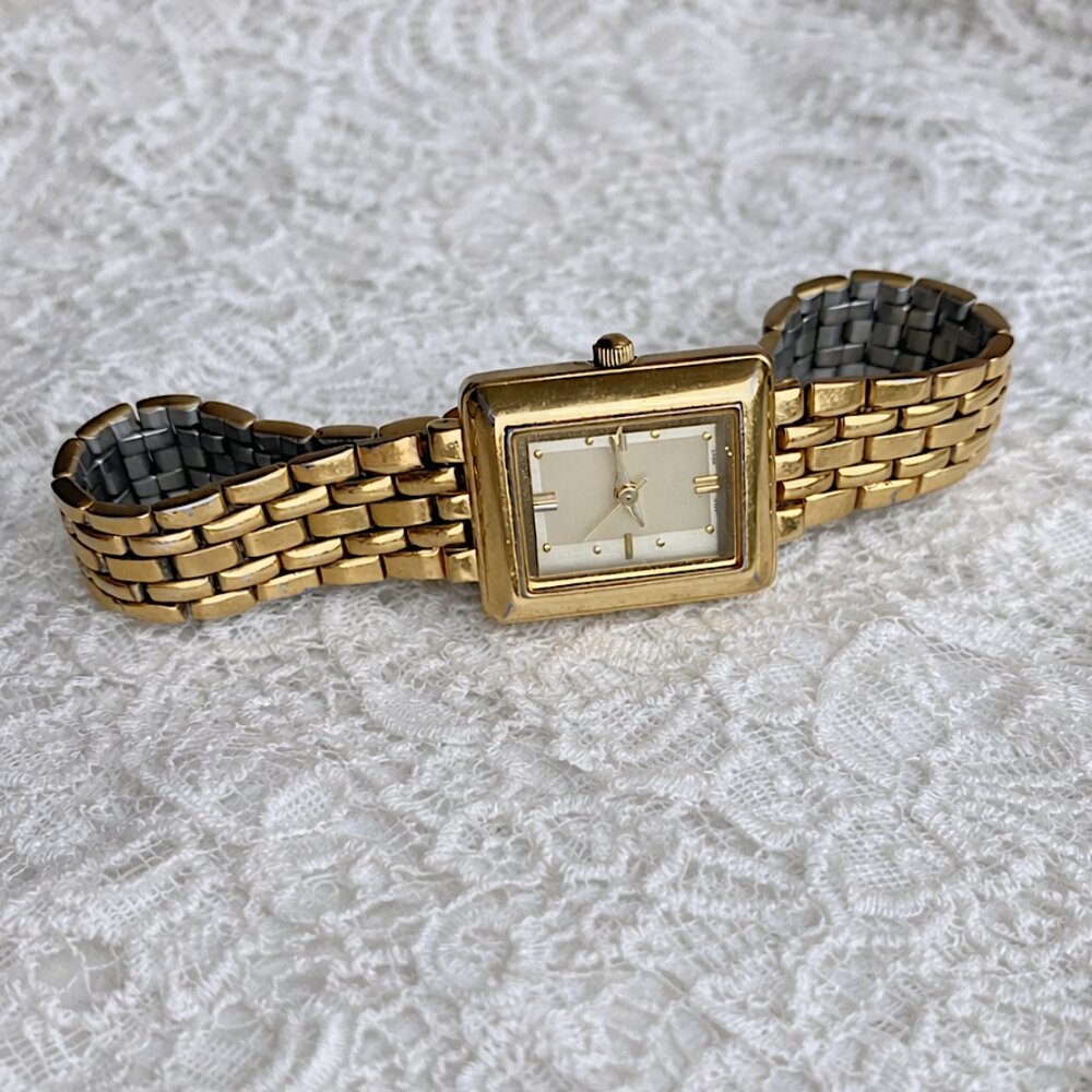 Estate Vintage Signed AVON Stainless Steel Gold Tone Rectangle Watch UNTESTED